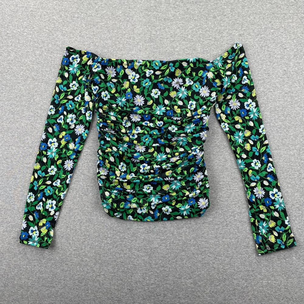 AFRM Top Womens M Green Teal Floral Mesh Maeve Ruched Off Shoulder Long Sleeve